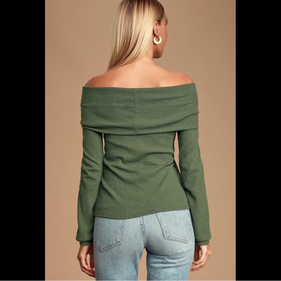 Olive Green Off-the-Shoulder Knit Sweater Top - Picture 2 of 5